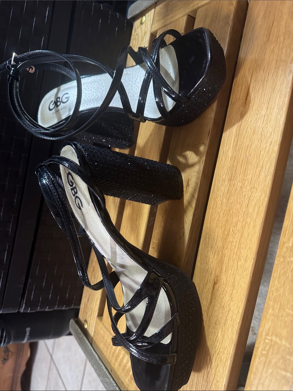 GBG Los Angeles Black Glitter Platform Block Heels with Strappy Ankle Ties